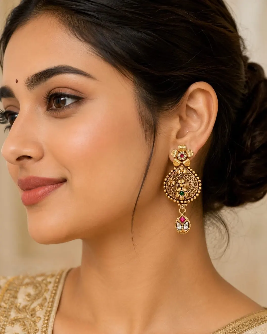 ANTIQUE GOLD FLORALKUNDAN DROP EARRINGS WITH RED & WHITE STONES