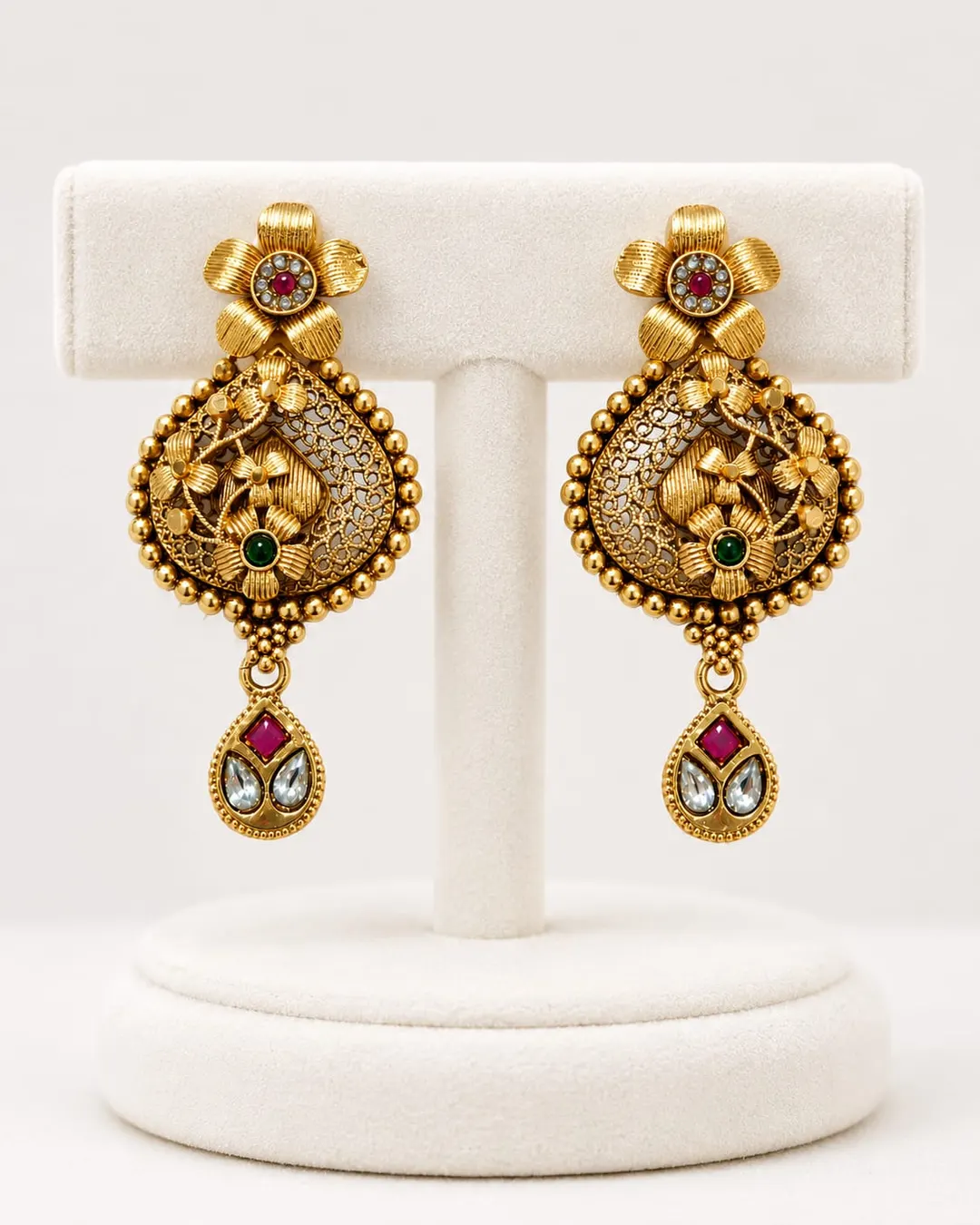 ANTIQUE GOLD FLORALKUNDAN DROP EARRINGS WITH RED & WHITE STONES