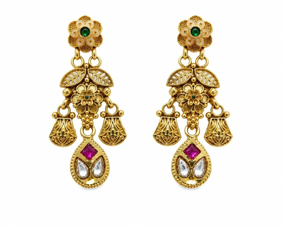 ROYAL GOLD-PLATED MULTICOLOR KUNDAN CHANDELIER EARRINGS