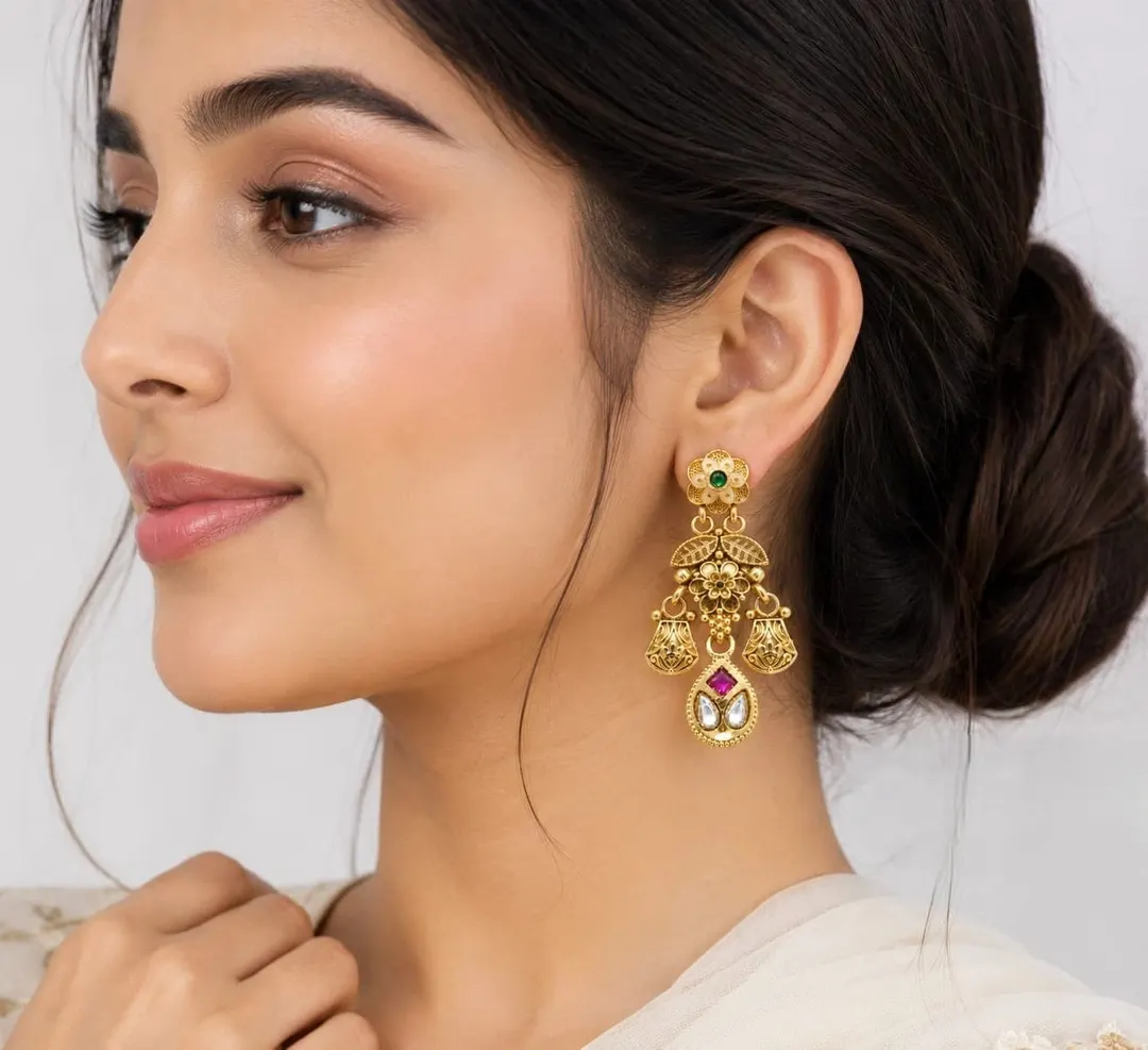 ROYAL GOLD-PLATED MULTICOLOR KUNDAN CHANDELIER EARRINGS