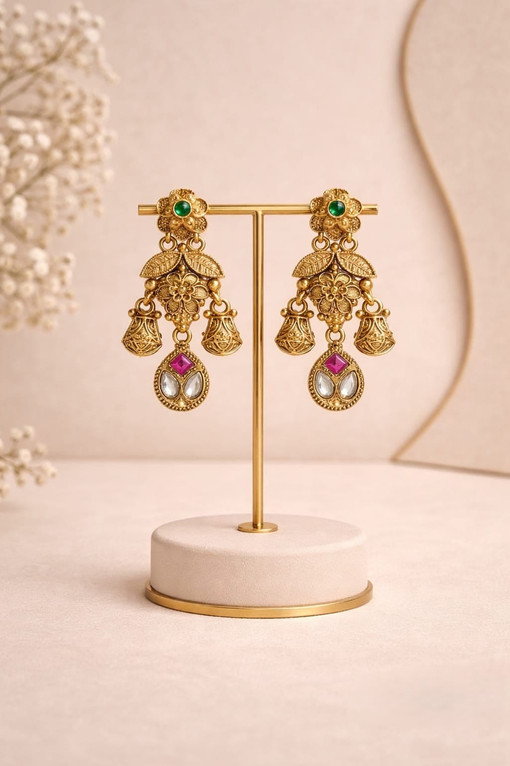 ROYAL GOLD-PLATED MULTICOLOR KUNDAN CHANDELIER EARRINGS