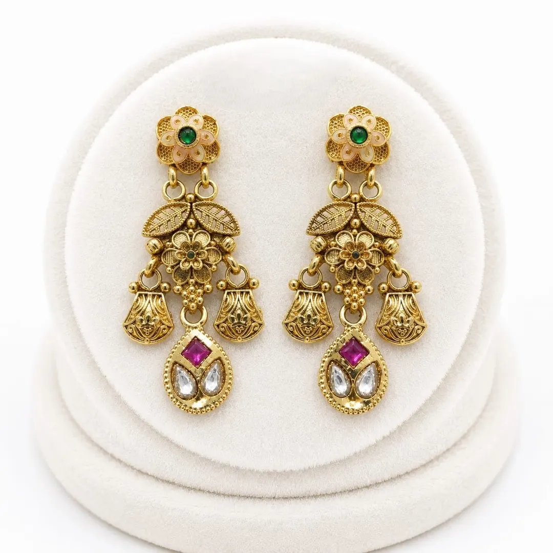 ROYAL GOLD-PLATED MULTICOLOR KUNDAN CHANDELIER EARRINGS