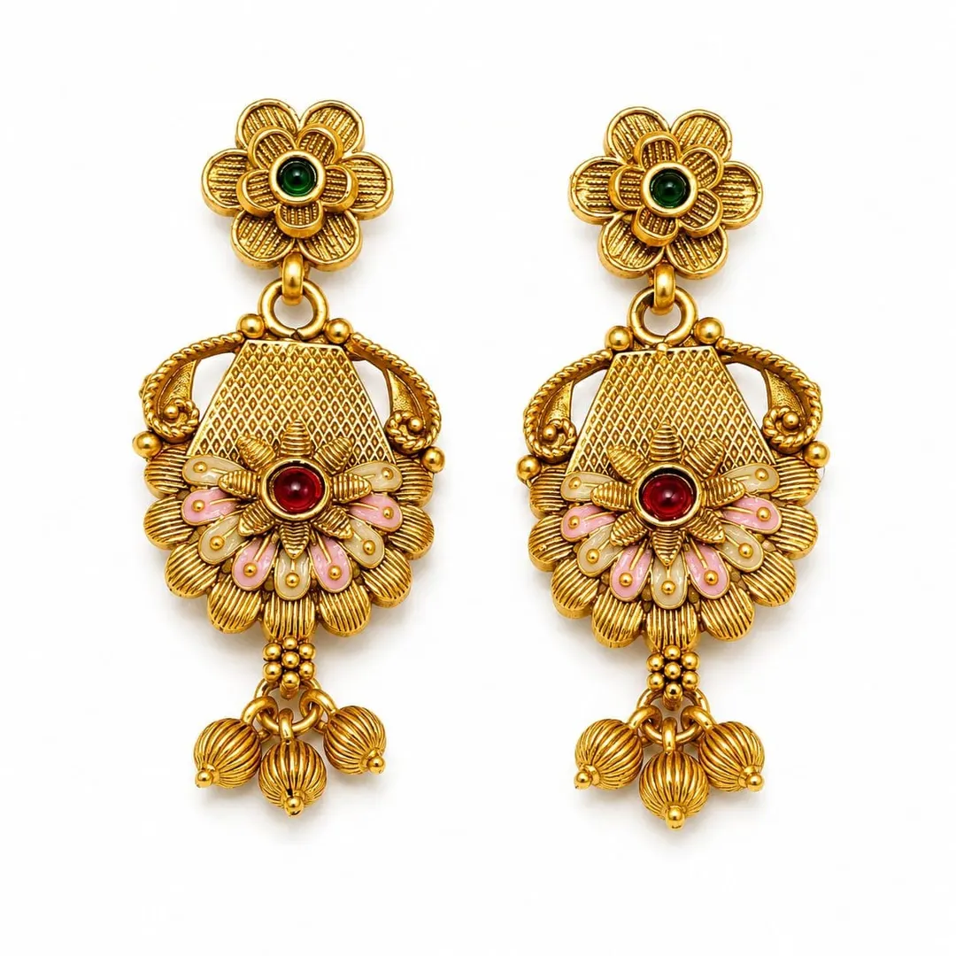 ANTIQUE GOLD TONE FLORAL CHANDELIER EARRING