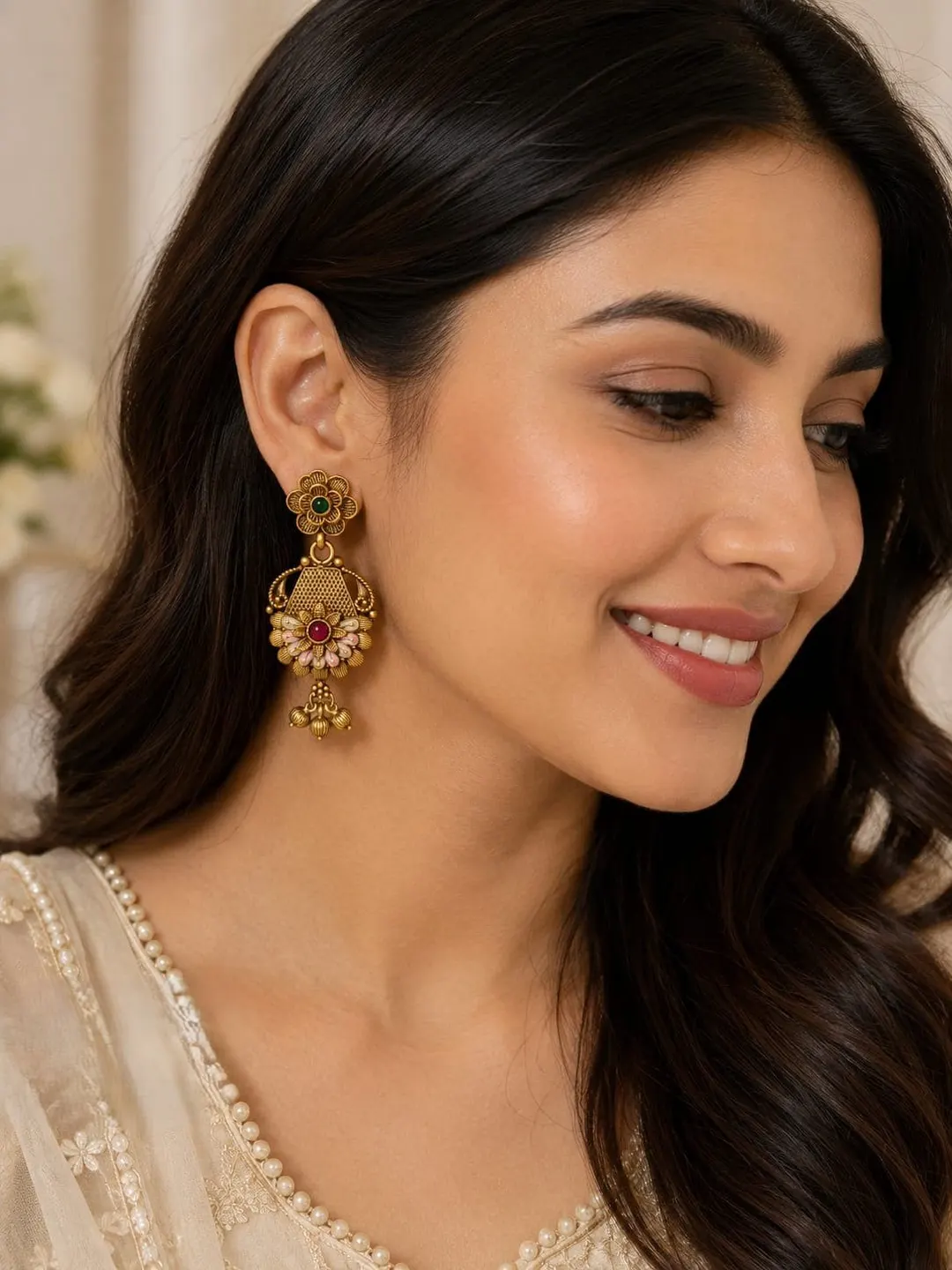 ANTIQUE GOLD TONE FLORAL CHANDELIER EARRING