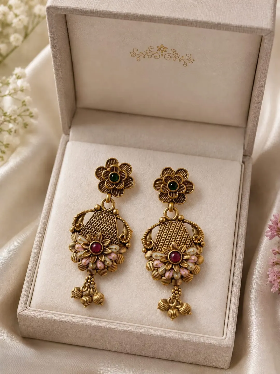 ANTIQUE GOLD TONE FLORAL CHANDELIER EARRING