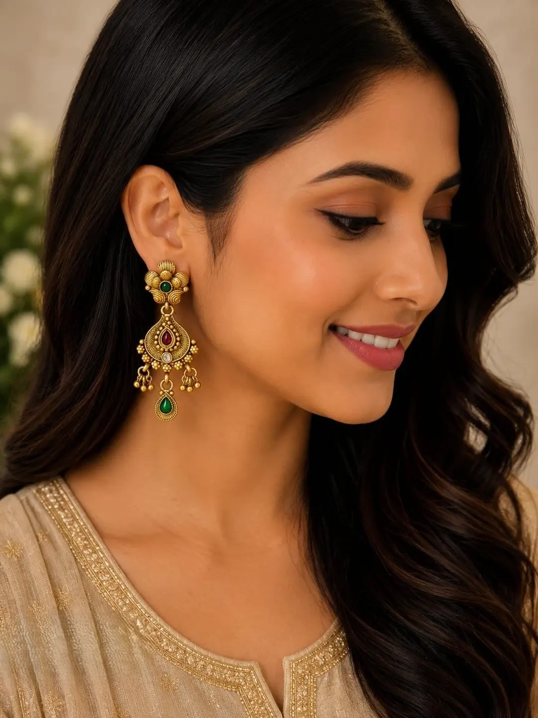 RED & GREEN STONE FLORAL JHUMKA