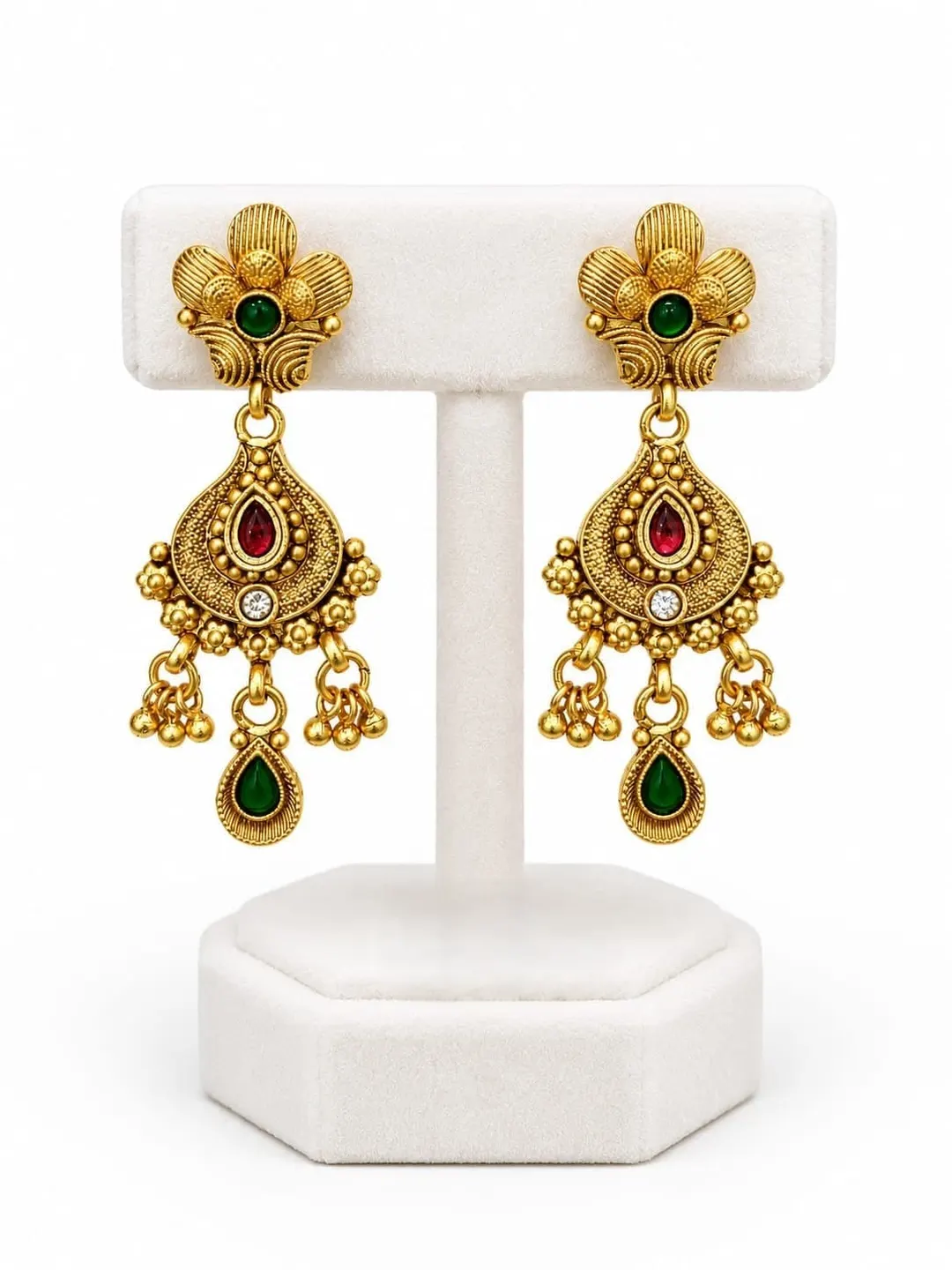 RED & GREEN STONE FLORAL JHUMKA