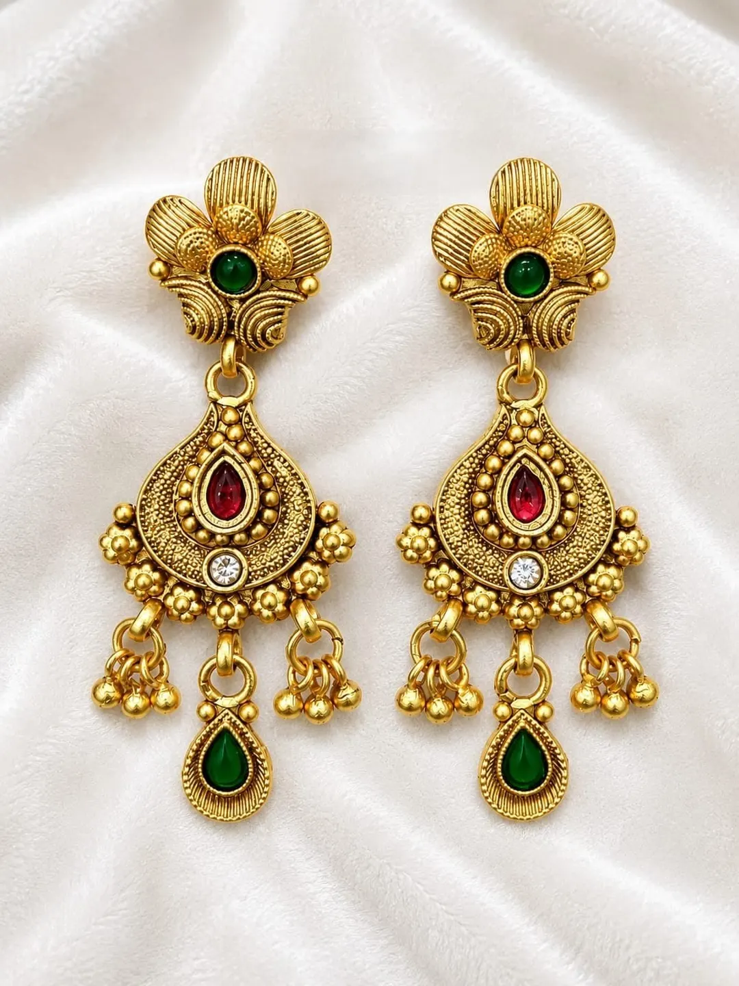 RED & GREEN STONE FLORAL JHUMKA