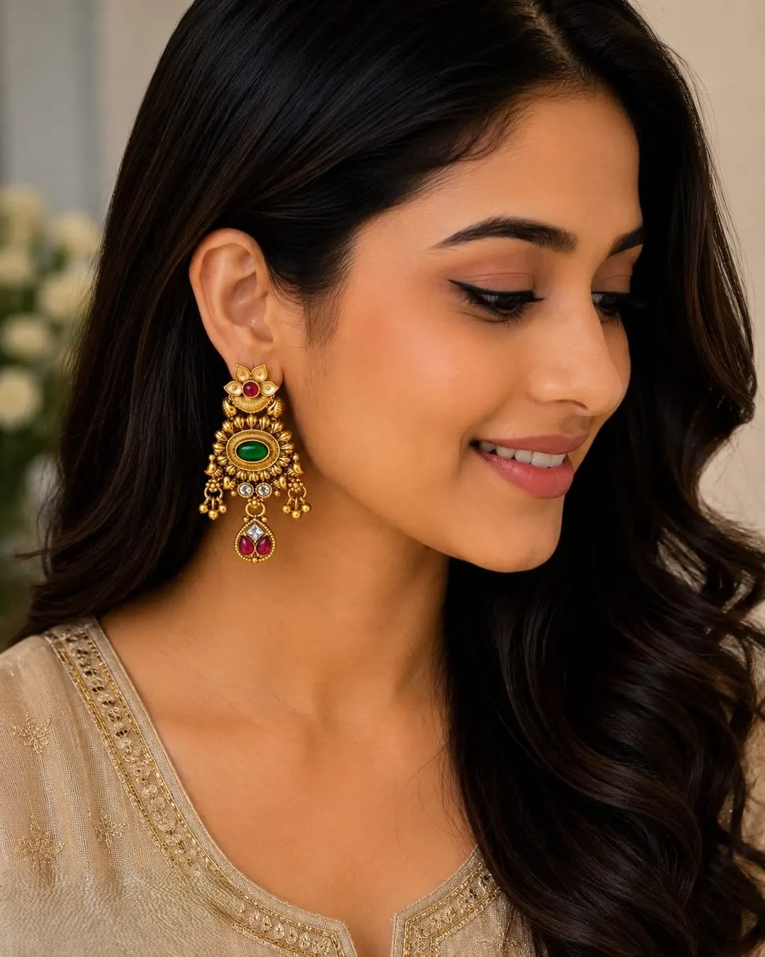 TRADITIONAL RUBY AND GREEN AND PINK STONE  TEMPLE JHUMKA CHANDELIER EARRINGS