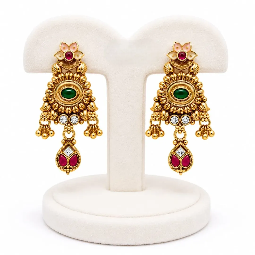 TRADITIONAL RUBY AND GREEN AND PINK STONE  TEMPLE JHUMKA CHANDELIER EARRINGS