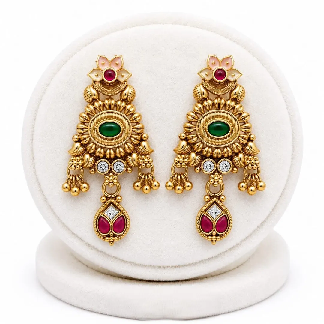 TRADITIONAL RUBY AND GREEN AND PINK STONE  TEMPLE JHUMKA CHANDELIER EARRINGS