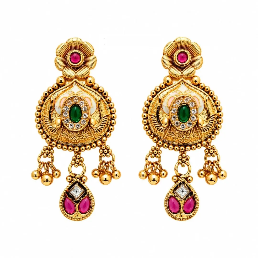 TRADITIONAL GOLD-TONE CHANDELIER EARRINGS WITH MULTICOLOUR STONES