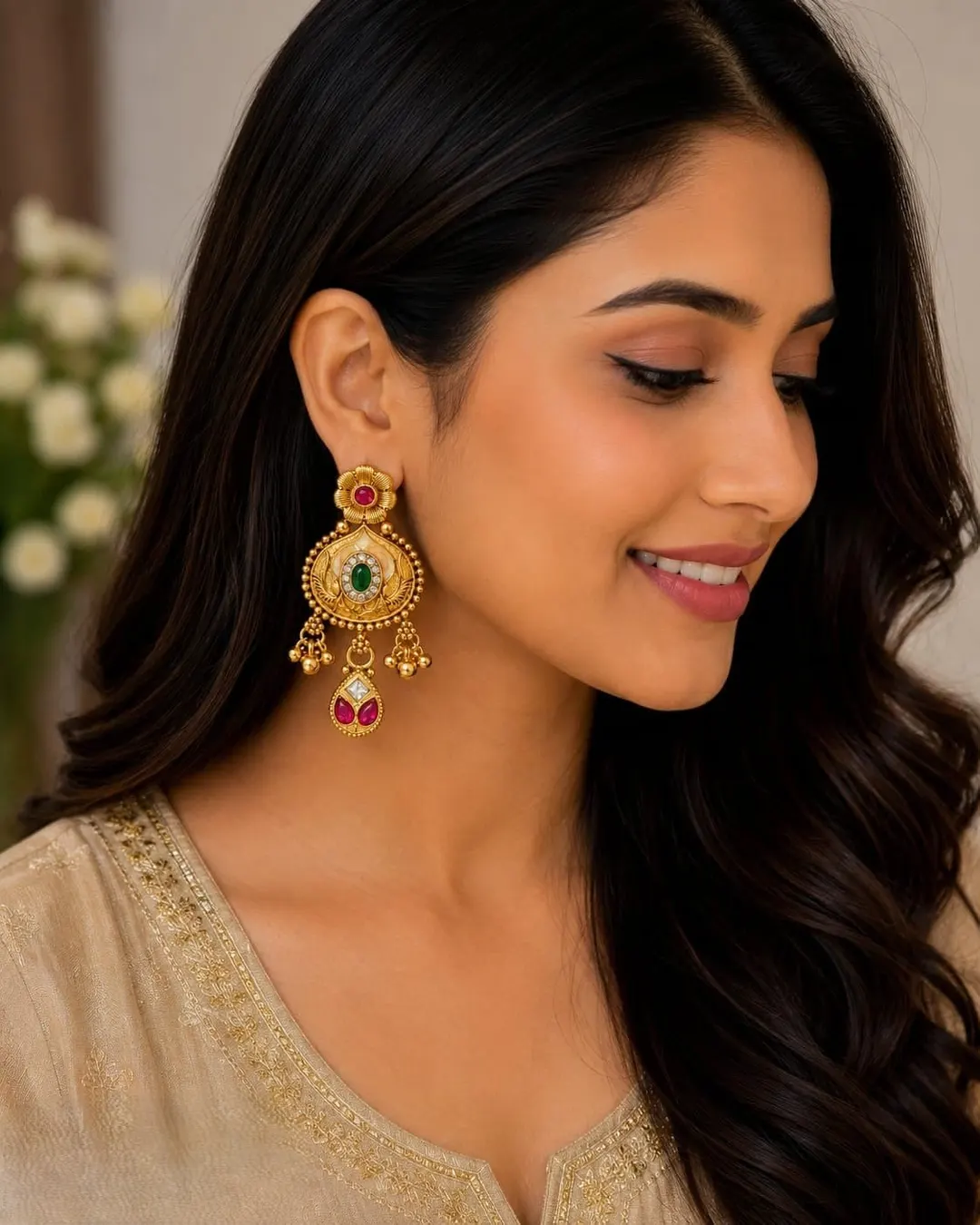 TRADITIONAL GOLD-TONE CHANDELIER EARRINGS WITH MULTICOLOUR STONES