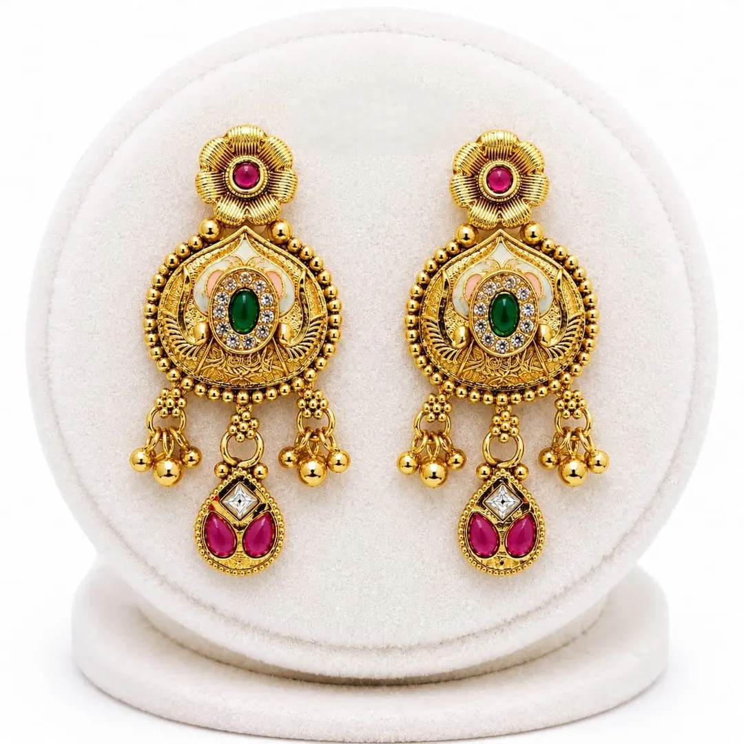 TRADITIONAL GOLD-TONE CHANDELIER EARRINGS WITH MULTICOLOUR STONES