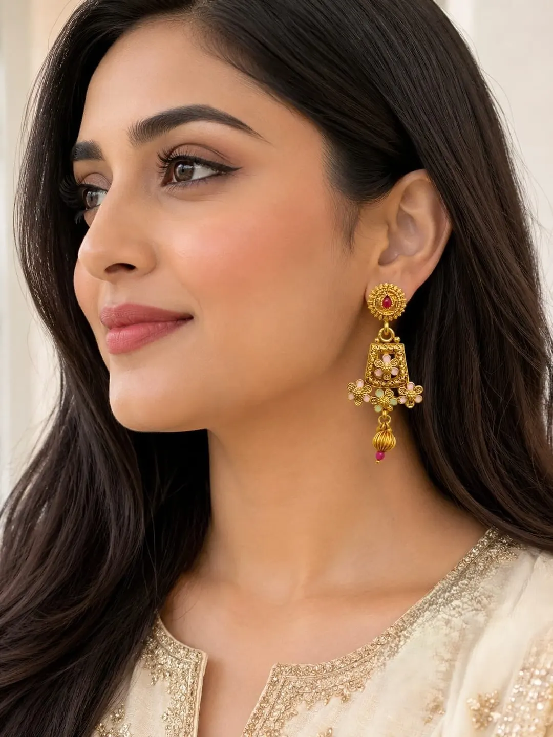 RUBY RED FLORAL KUNDAN JHUMKA EARRINGS WITH PEARL DROPS
