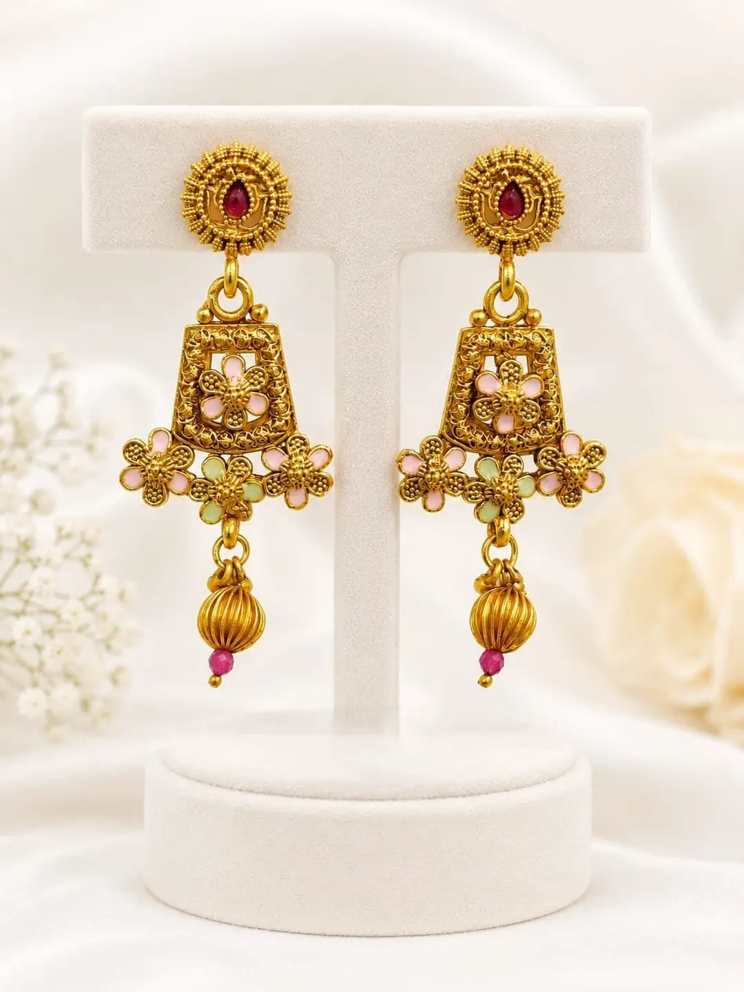 RUBY RED FLORAL KUNDAN JHUMKA EARRINGS WITH PEARL DROPS