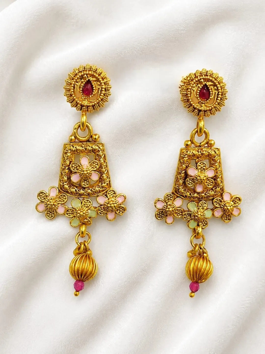 RUBY RED FLORAL KUNDAN JHUMKA EARRINGS WITH PEARL DROPS