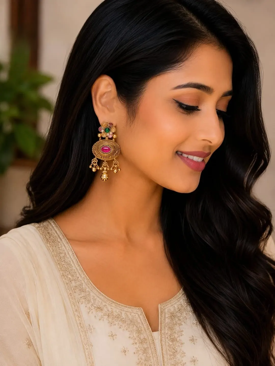 PINK & GREEN KUNDAN-INSPIRED LONG DROP EARRINGS.