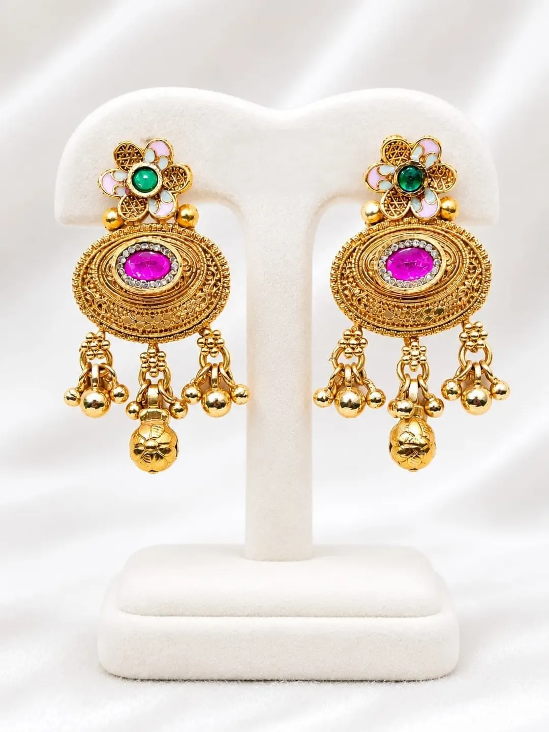 PINK & GREEN KUNDAN-INSPIRED LONG DROP EARRINGS.