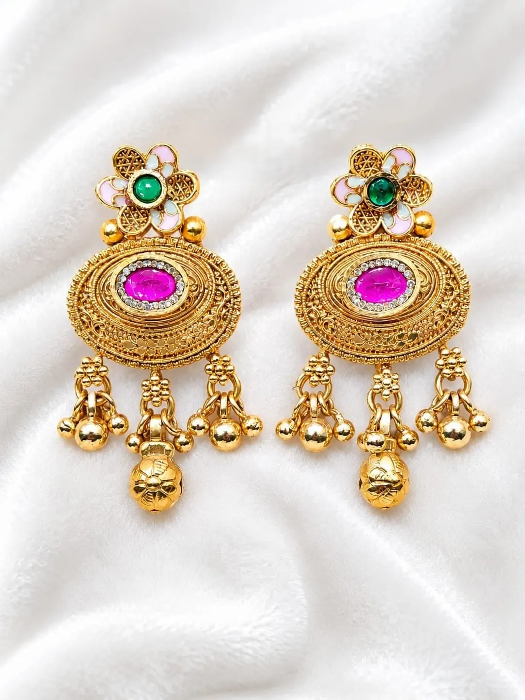 PINK & GREEN KUNDAN-INSPIRED LONG DROP EARRINGS.