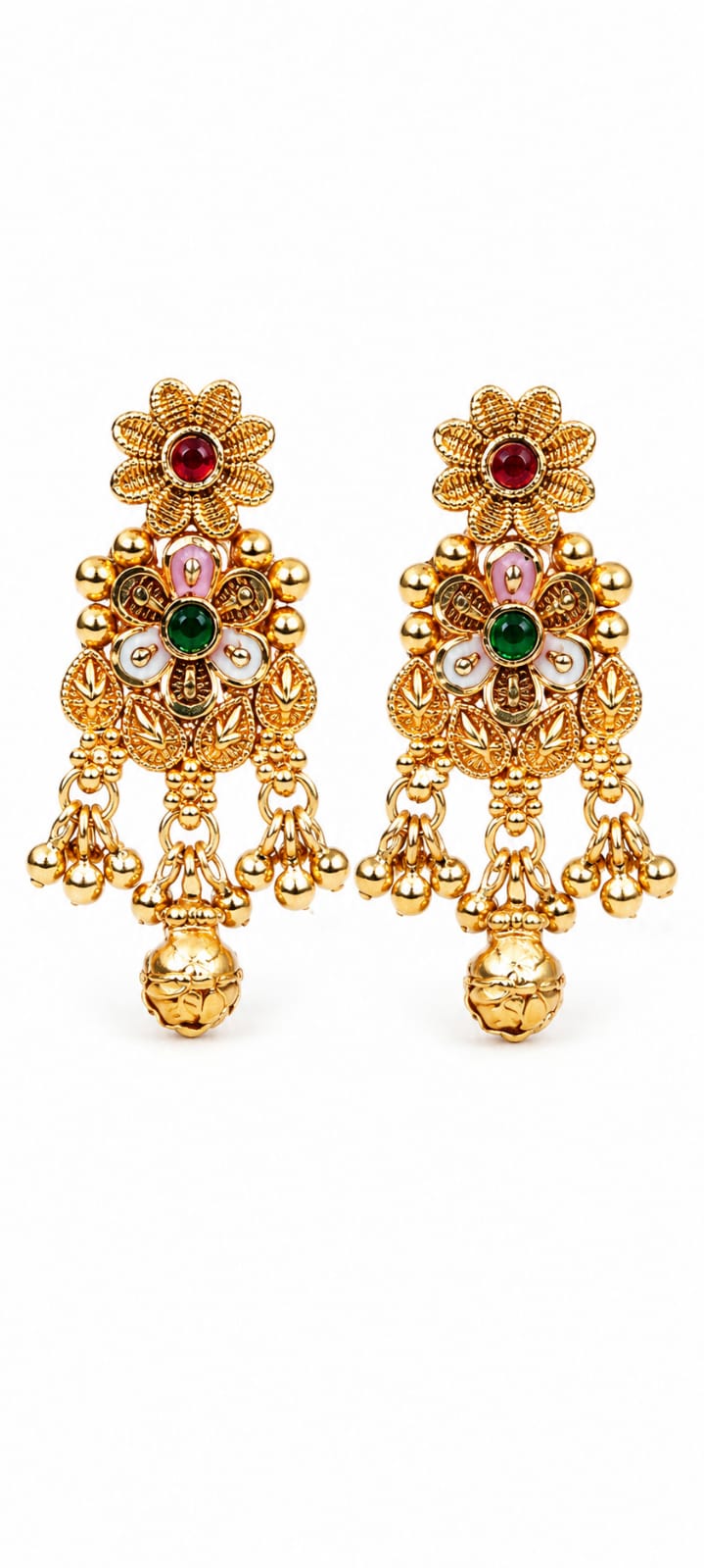 GOLD-TONED FLORAL CHANDELIER EARRINGS WITH MULTICOLOUR STONES