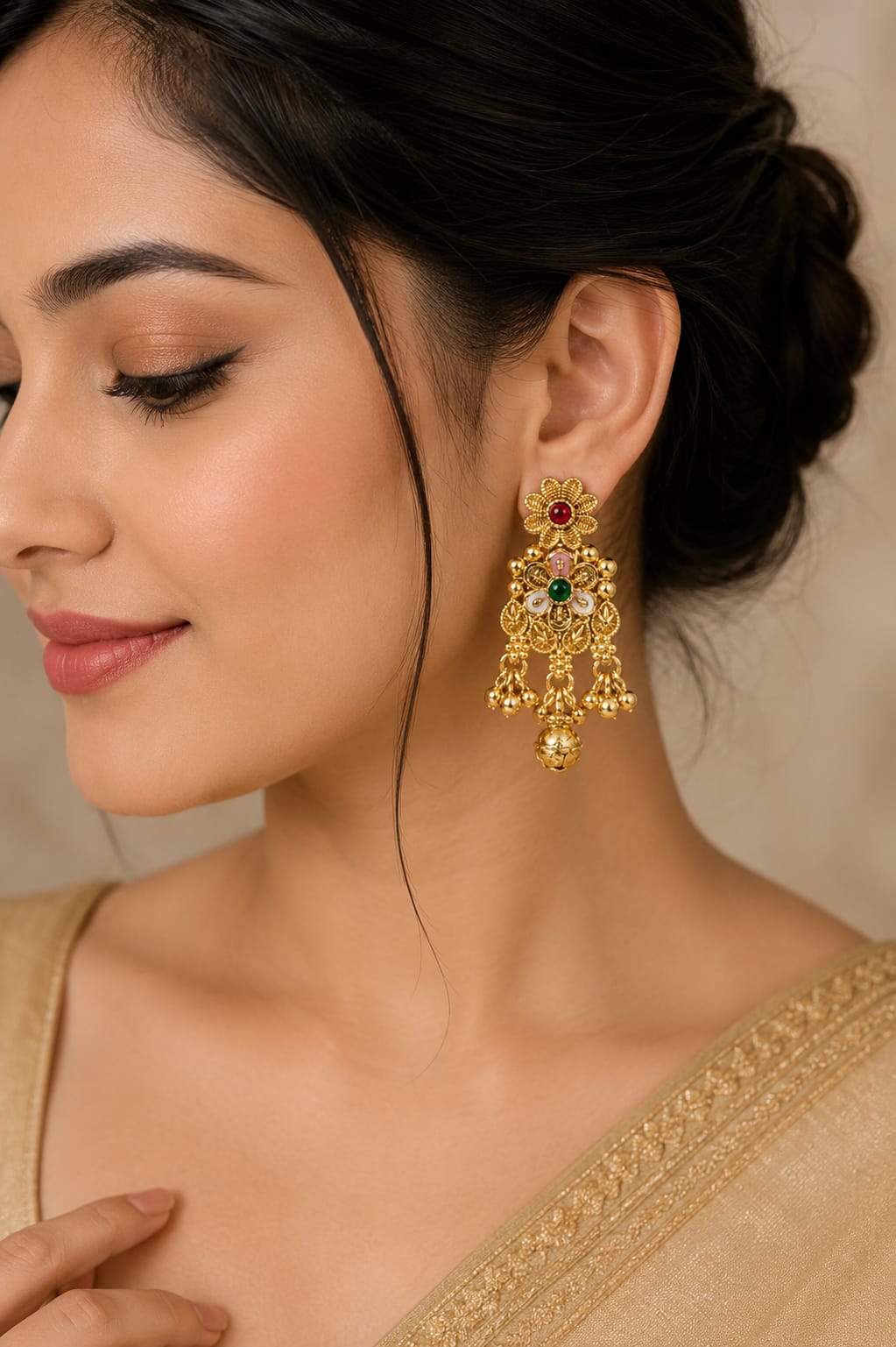 GOLD-TONED FLORAL CHANDELIER EARRINGS WITH MULTICOLOUR STONES