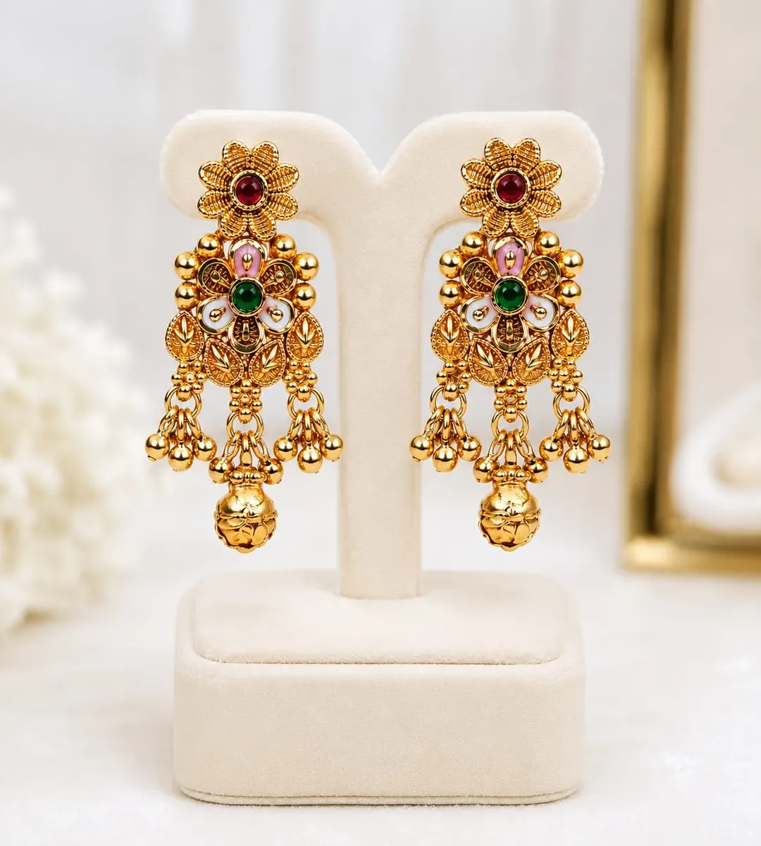 GOLD-TONED FLORAL CHANDELIER EARRINGS WITH MULTICOLOUR STONES