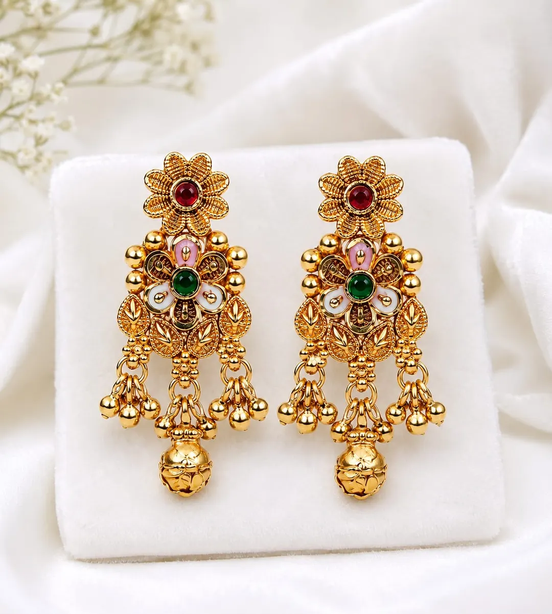 GOLD-TONED FLORAL CHANDELIER EARRINGS WITH MULTICOLOUR STONES