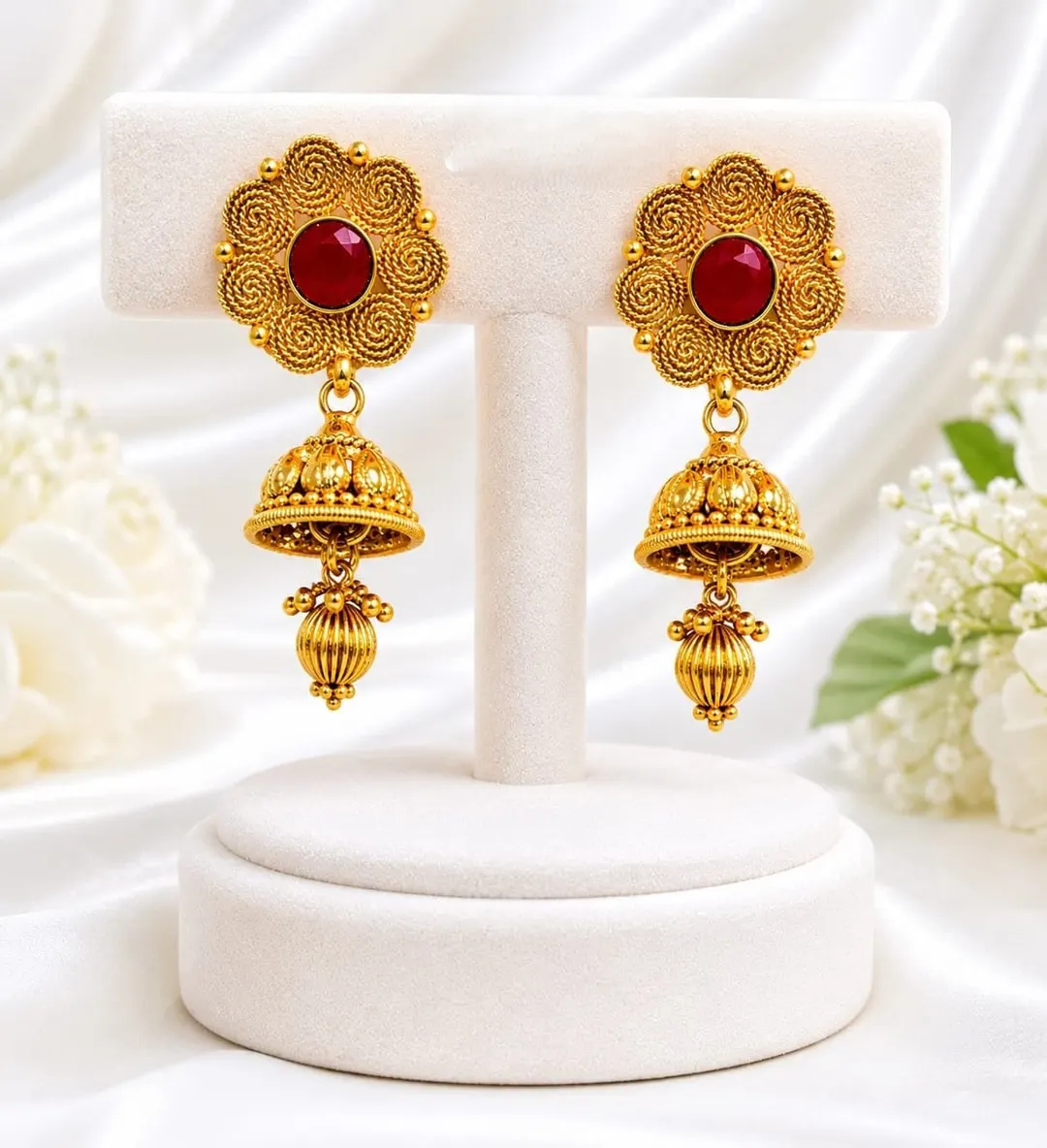 ELEGANT GOLD-TONE FLORAL RED STONE DROP EARRING