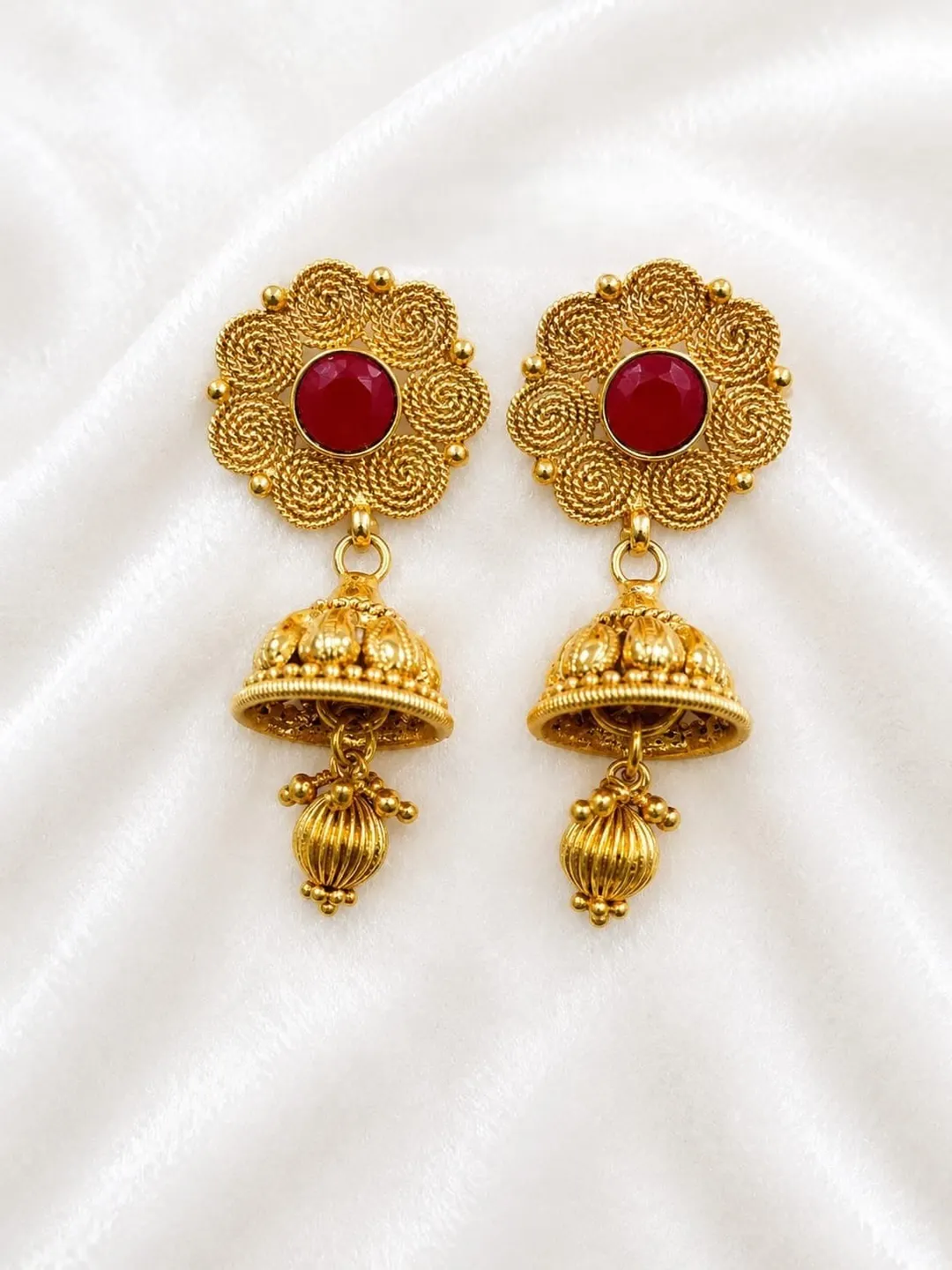ELEGANT GOLD-TONE FLORAL RED STONE DROP EARRING