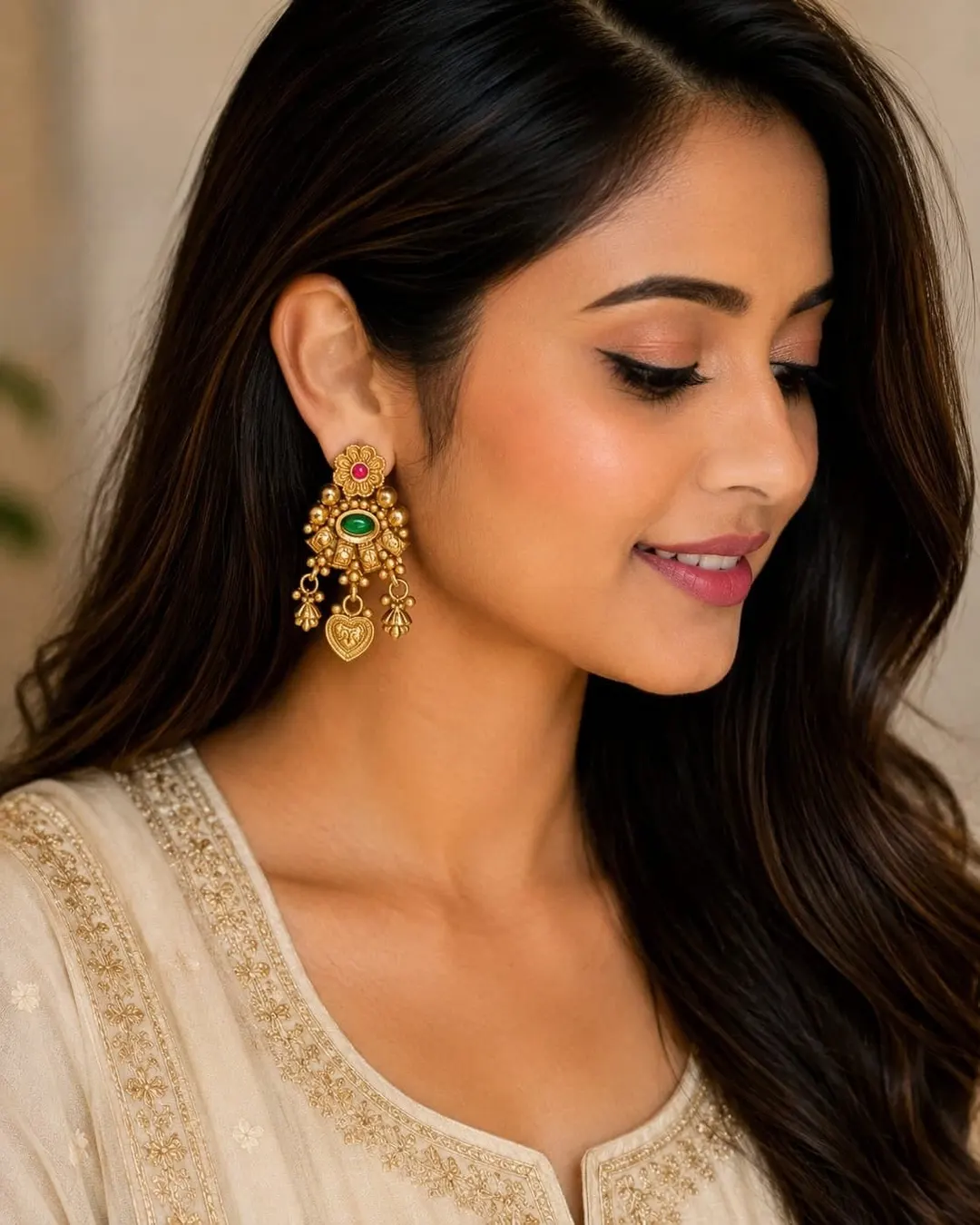 ROYAL GREEN & PINK ANTIQUE GOLD DROP 
