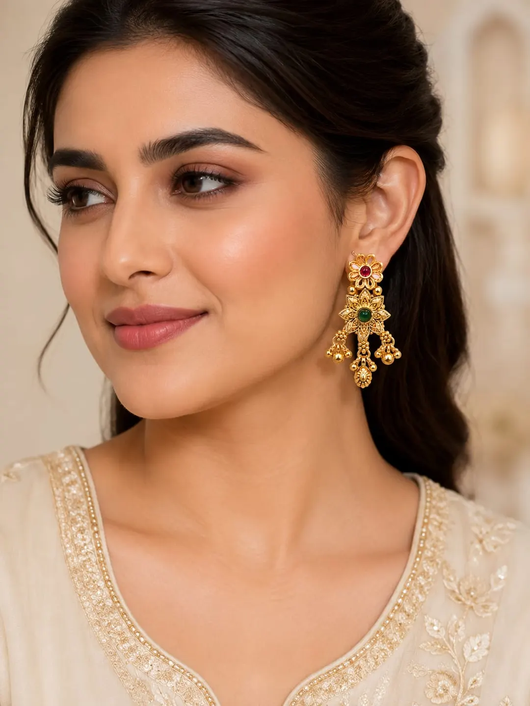 GOLD TONED FLORAL CHANDELIER EARRING