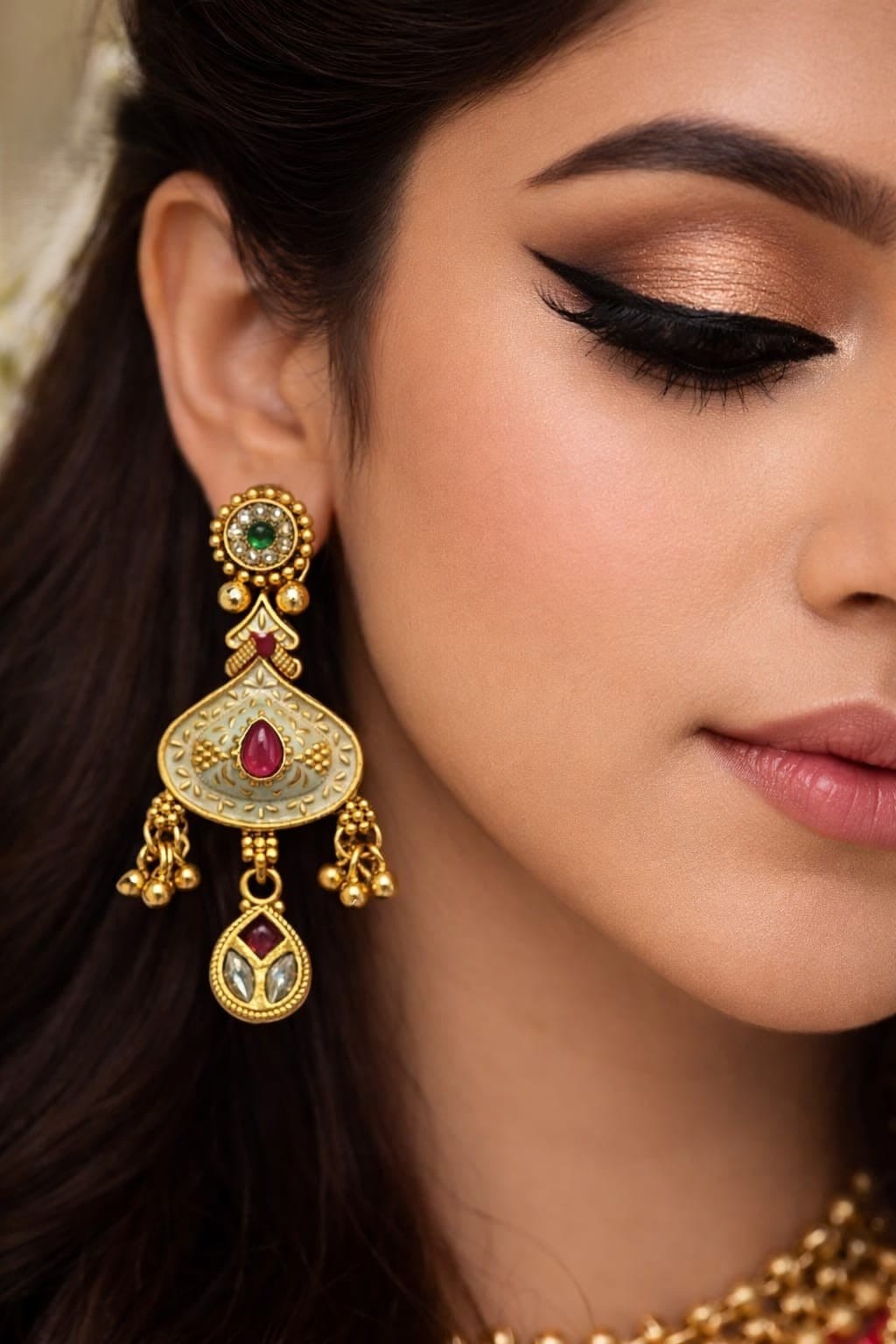 ANTIQUE GOLD RED STONE KUNDAN DROP EARRING.