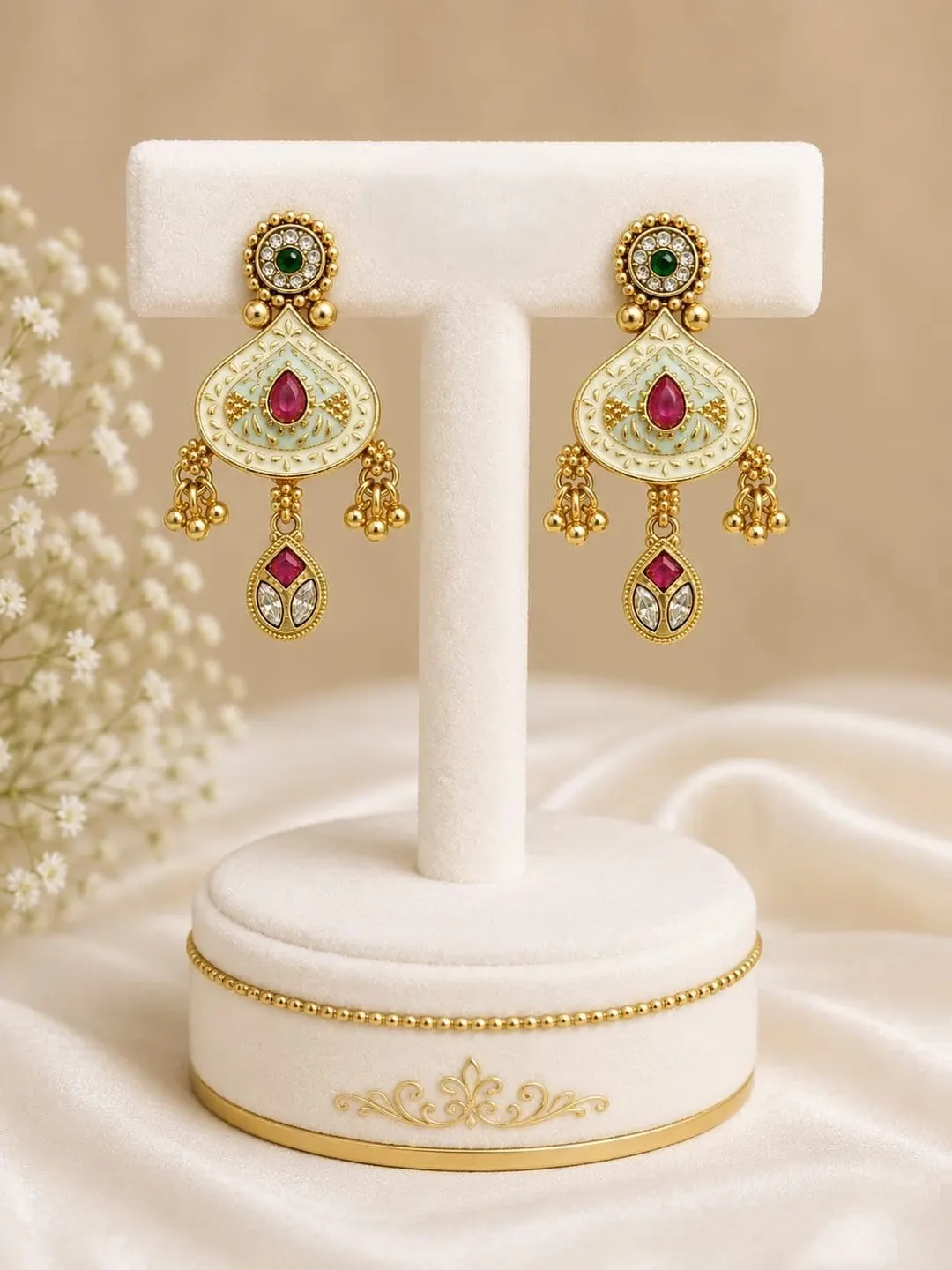 ANTIQUE GOLD RED STONE KUNDAN DROP EARRING.