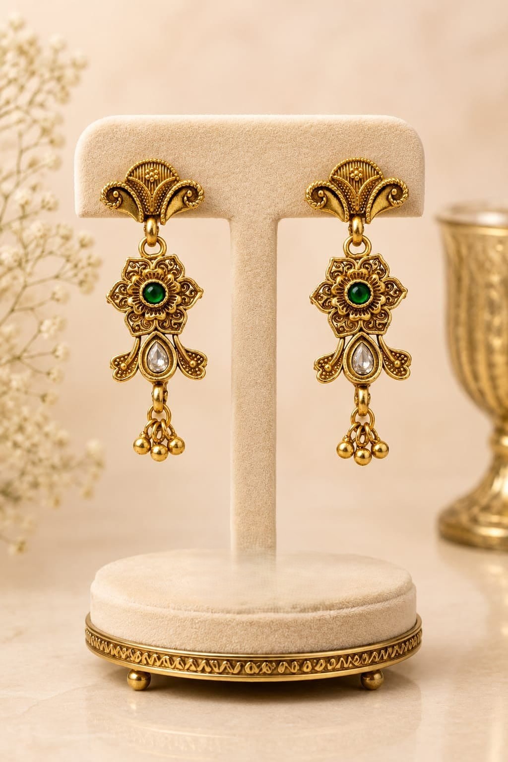 ANTIQUE GOLD TONED FLORAL DROP EARRING