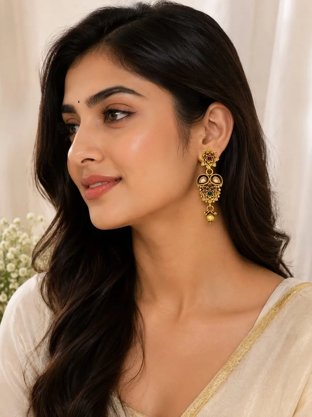 TRADITIONAL GOLD TONED FLORAL JHUMKA EARRING