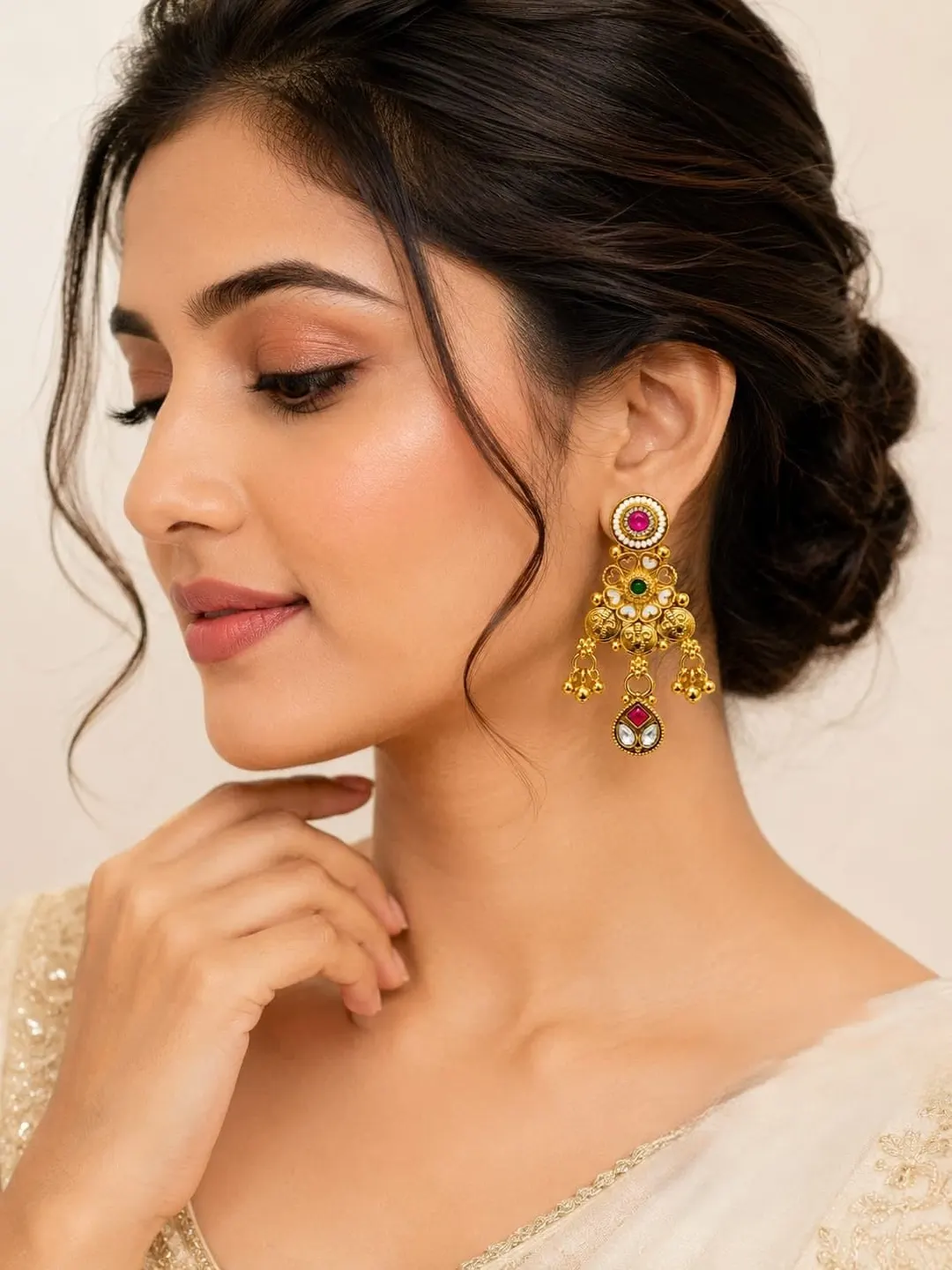 TRADITIONAL GOLD PLATED KUNDAN PEARL CHANDELIER EARRINGS  WITH RED & GREEN STONES