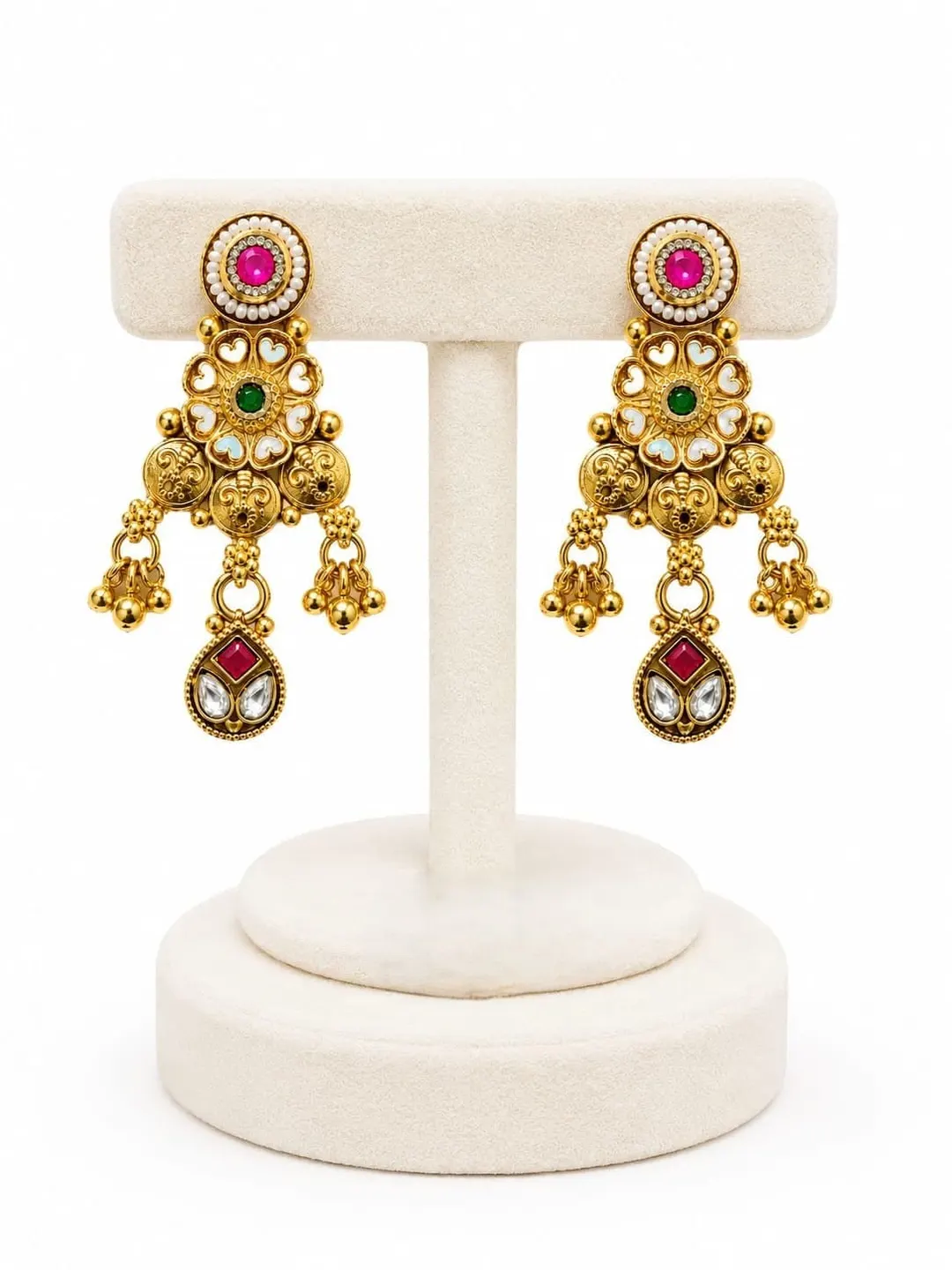 TRADITIONAL GOLD PLATED KUNDAN PEARL CHANDELIER EARRINGS  WITH RED & GREEN STONES