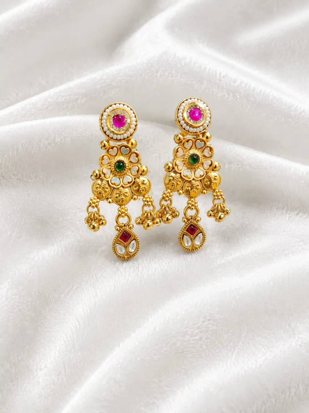 TRADITIONAL GOLD PLATED KUNDAN PEARL CHANDELIER EARRINGS  WITH RED & GREEN STONES