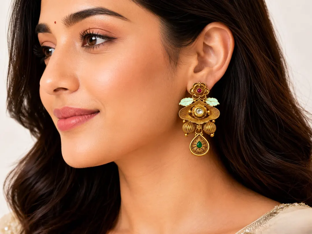 ANTIQUE GOLD TONE FLORAL KUNDAN DROP EARRING