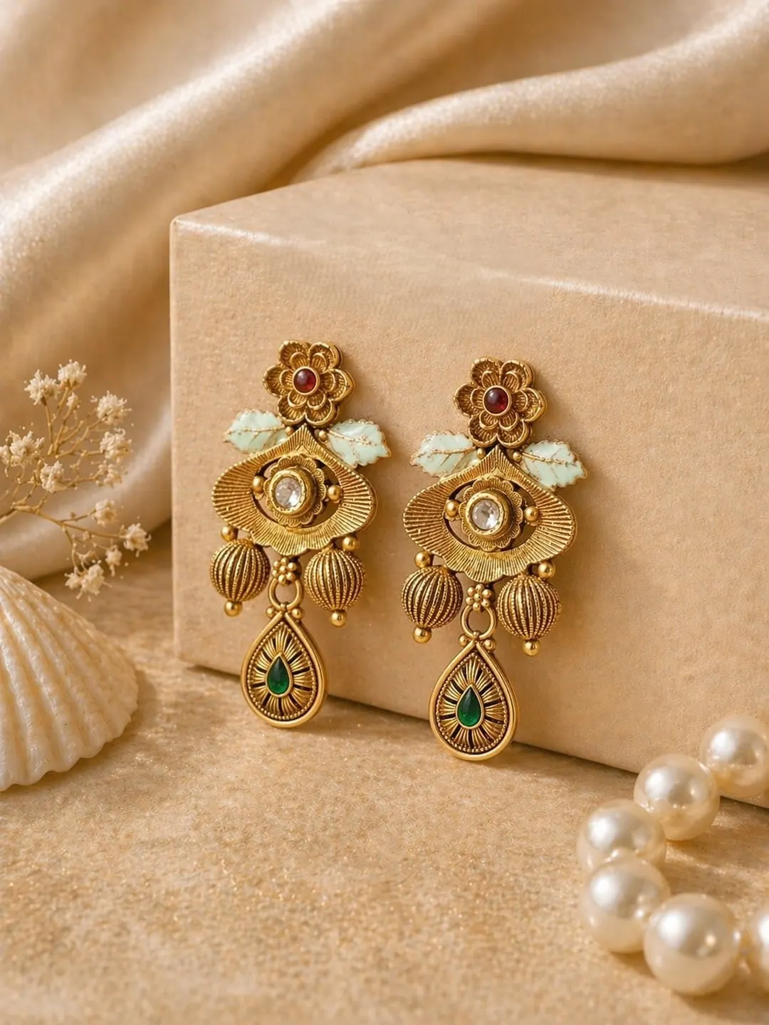 ANTIQUE GOLD TONE FLORAL KUNDAN DROP EARRING