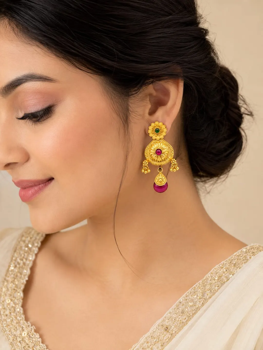 GOLD TONED FLORAL CHANDBALI EARRING