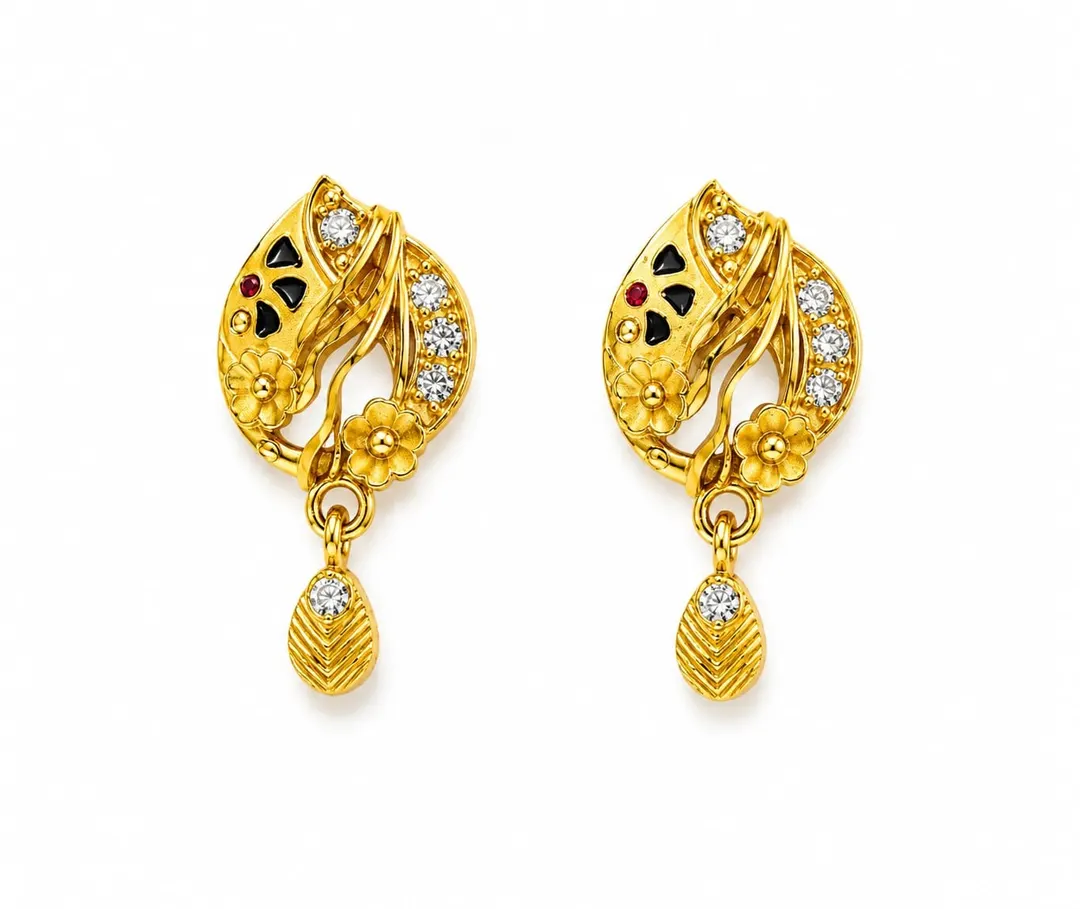 TRADITIONAL GOLD PLATED FLORAL & LEAF DESIGN DROP EARRINGS WITH HANGING PENDANT.