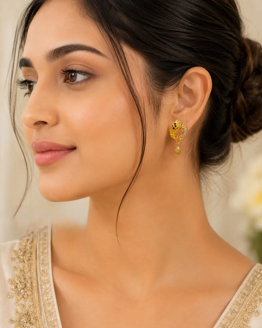 TRADITIONAL GOLD PLATED FLORAL & LEAF DESIGN DROP EARRINGS WITH HANGING PENDANT.