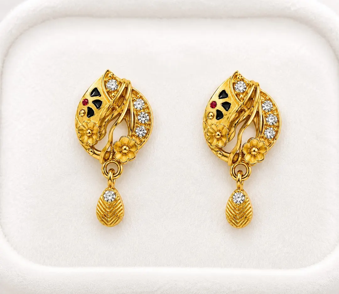 TRADITIONAL GOLD PLATED FLORAL & LEAF DESIGN DROP EARRINGS WITH HANGING PENDANT.
