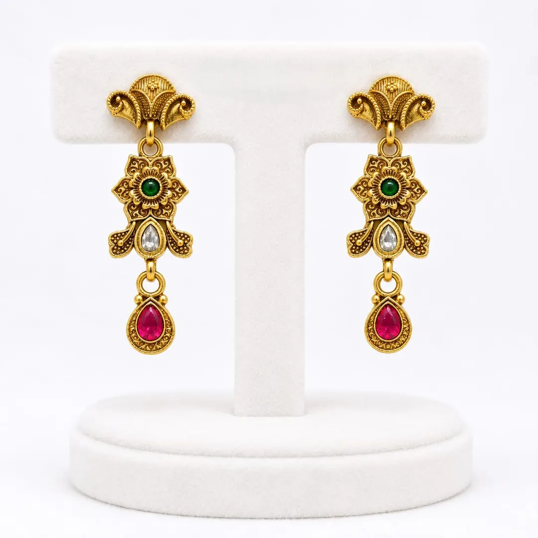 ANTIQUE GOLD TONE FLORAL DROP EARRING