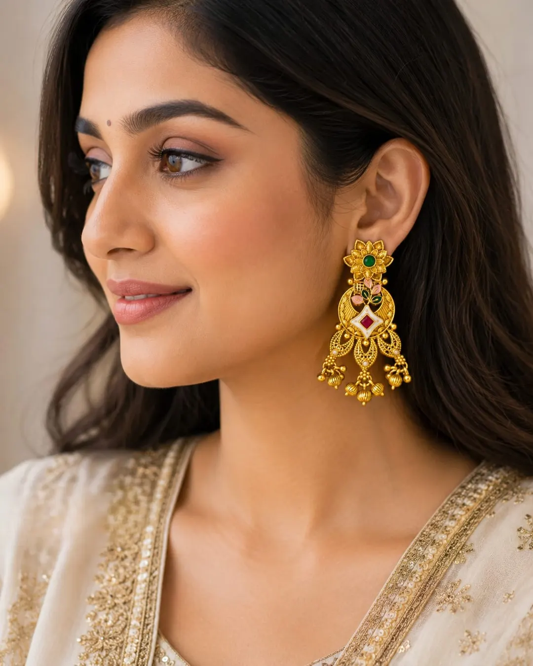 FLORAL RED & GREEN LONG GOLD-PLATED DANGLER 