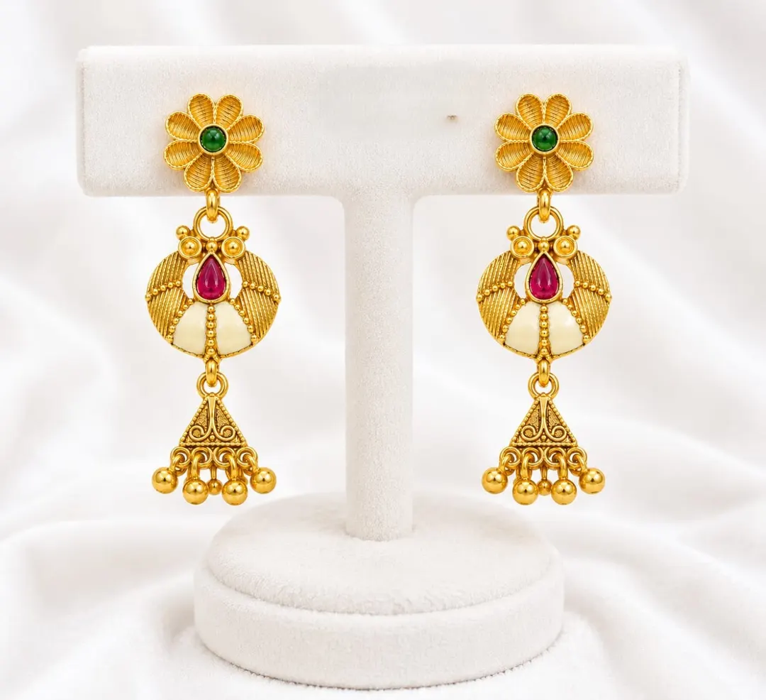 TRADITIONAL GOLD TONED FLORAL CHANDELIER DROP EARRING