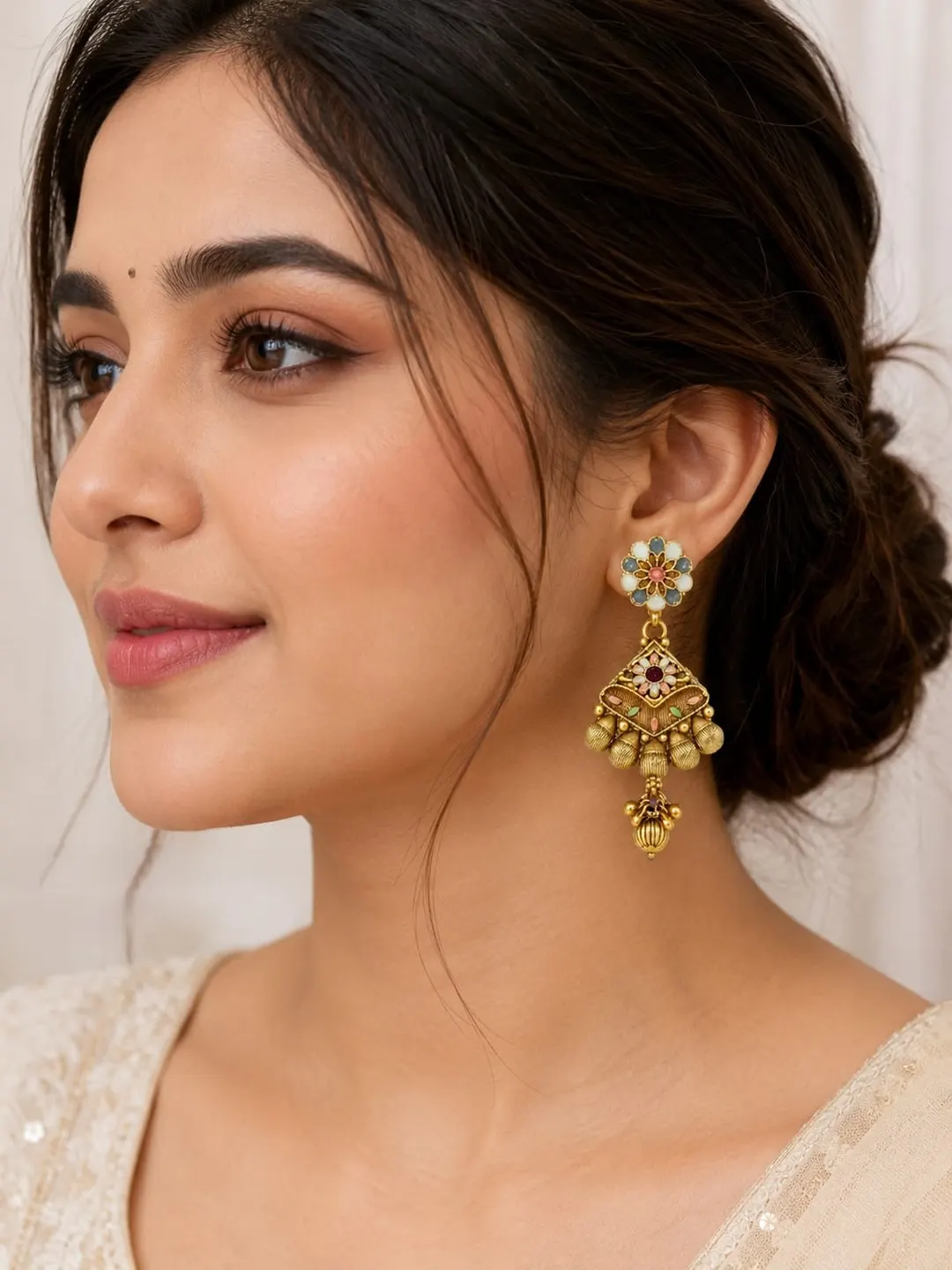 TRADITIONAL GOLD-TONED FLORAL CHANDELIER DROP EARRINGS