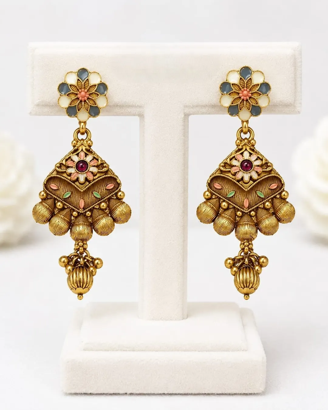 TRADITIONAL GOLD-TONED FLORAL CHANDELIER DROP EARRINGS